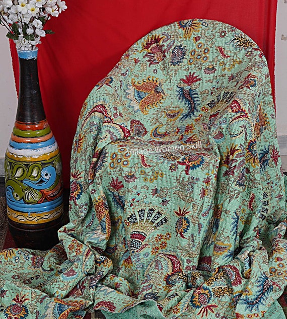 Coperta Kantha in cotone Boho Mango, indiana, king size, reversibile, fatta a mano, Gudri, Boho, copriletti decorativi, trapuntatura, copriletto - Italia