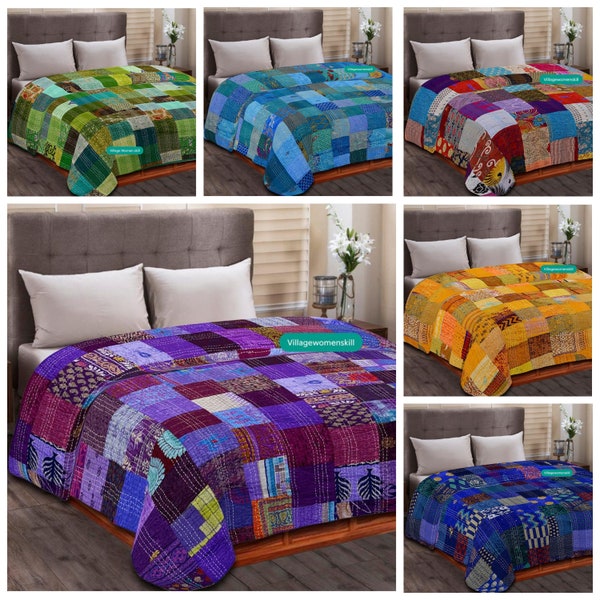 Indian Patola silk handmade kantha quilt, kantha blanket, sari blanket, throws, queen size blanket, bed spreade, Vintage bed sheets, rustic