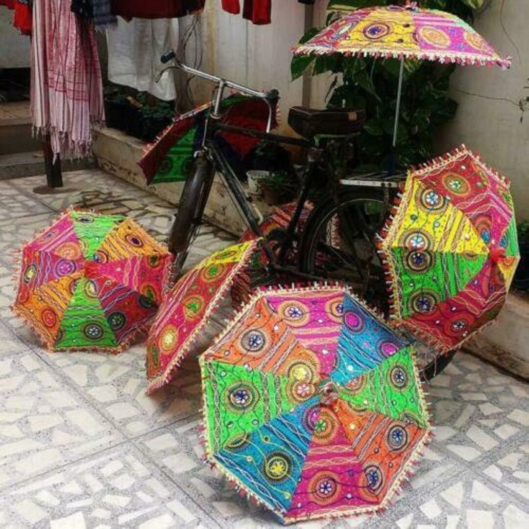 thumbnail image 2 of 10-Pack Indian Wedding Mehndi Decorative Umbrellas – Handmade Cotton With Mirror Work – Multicolor 2 of 4