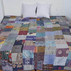 Trapunta Kantha patchwork, coperta in seta fatta a mano, copriletto boho (108x90) Grey