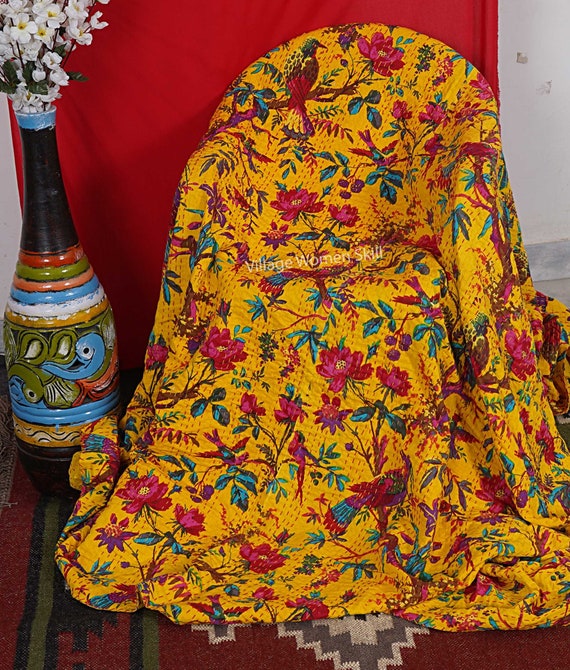 Coperta Trapuntata Indiana In Cotone 100% – Floreale, Kantha, Bohémien, 152x228 Cm - 4