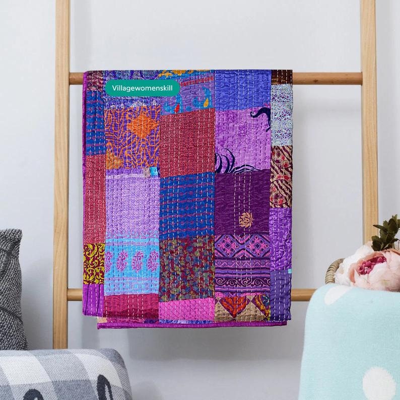Vintage zijde Patola Kantha afgedrukt Patchwork Quilt gooien Gudri