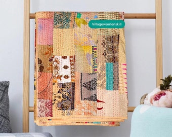 Siden Patola Patchwork Kantha Quilt: Vintage indiskt överkast