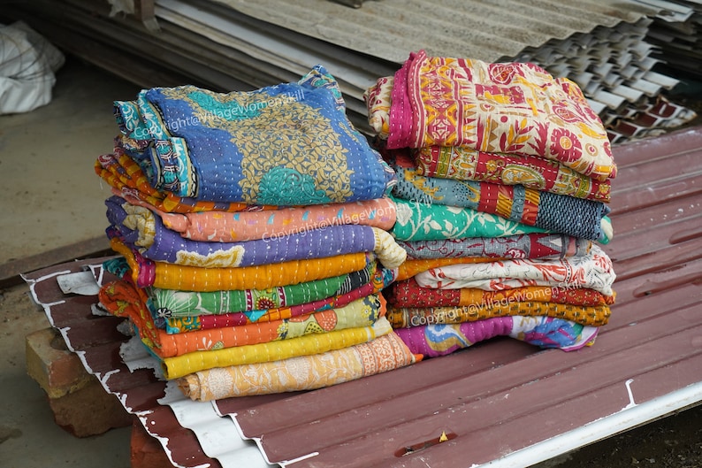 5 PC Hand stitched Quilts Throw and Bed cover kantha quilt Bohemian home decor indian vintage kantha quilt image 7