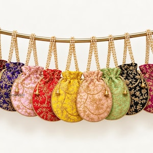May include: A row of nine drawstring pouches in various colors including maroon, purple, light pink, red, yellow, peach, green, black, and magenta. Each pouch features gold floral embroidery, a beaded handle, and gold-toned metal tassels.