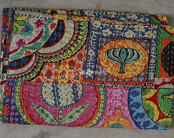 Floral Kantha Quilt: Indian Hippie Handmade Cotton Throw (108x90 inch)