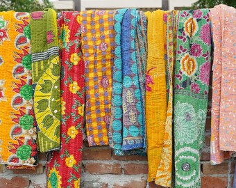 Wholesale Lot Vintage Kantha Quilts, Handmade Indian Sari Throws