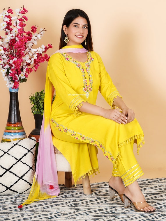 Printed Salwar Kameez Indian Handmade Straight Women Kurti Palazzo With  Dupatta | eBay