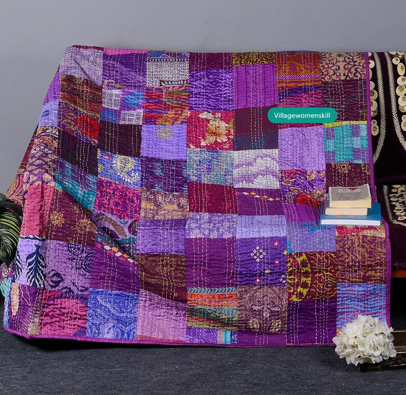 Indian Quilt Vintage Quilt Old Patola Silk Sari Kantha Quilted Etsy
