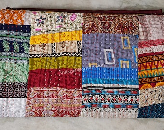 Indian Patchwork Kantha Quilt Handmade Throw Reversible Blanket Bedspread Silk Fabric BOHEMIAN boho quilt bedding coverlets, 90*108