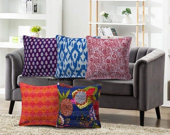 Juego de 10 fundas de almohada Kantha de algodón con estampados múltiples de 16 x 16