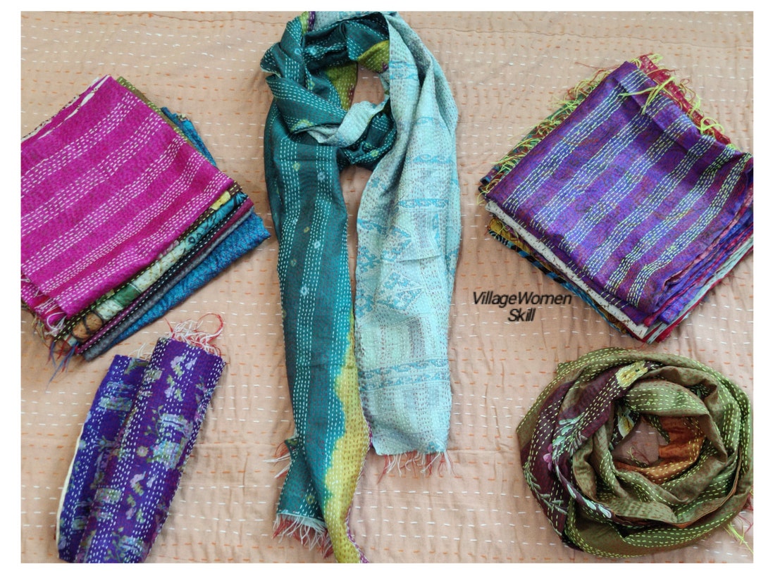 Unique Recycled Vintage Indian Silk Handmade Kantha Scarf/shawl