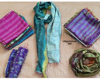 Unique Recycled Vintage Indian Silk Handmade Kantha Scarf/Shawl/Wrap