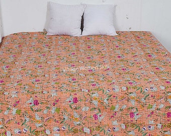 Indian Paradise Kantha Quilt, Twin Size, Handmade Cotton Bedspread