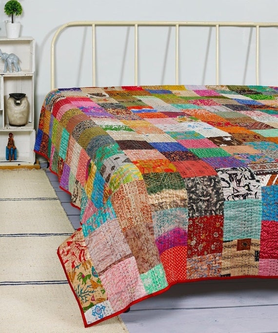 Free Fast delivery 10 PC Indian Handmade Kantha Quilt Throw Reversible Blanket Bedspread Cotton Bohemian Fabric Boho Chic Bedding Coverlet