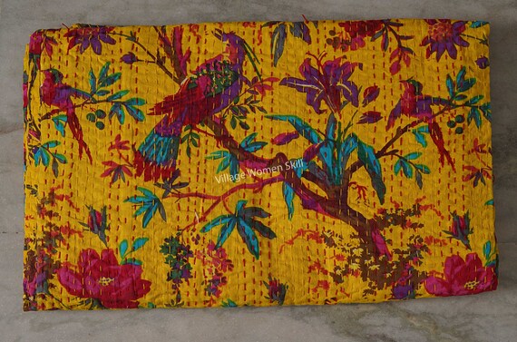 Vintage Kantha Quilt - Handmade Cotton Bedspread Throw From India (Twin, Multi-Color)
