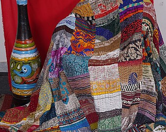 Handmade Kantha Quilt: Indian Patchwork Silk Bedspread