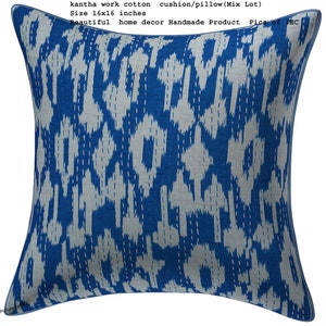 May include: Blue and white kantha work cotton cushion or pillow, 16 inches by 16 inches.  Handmade home decor.