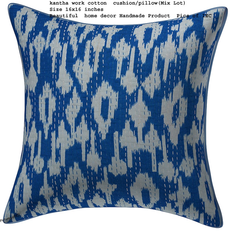 May include: Blue and white kantha work cotton cushion or pillow, 16 inches by 16 inches.  Handmade home decor.