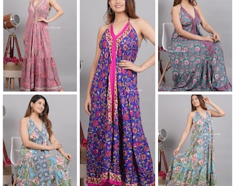 Boho Silk Blend Halter Dress, Convertible Backless Maxi