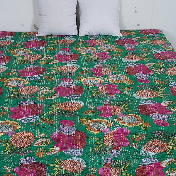 Handmade Floral Kantha Quilt Indian Kantha Quilt Kantha Bedcover Cotton Blanket Gudari