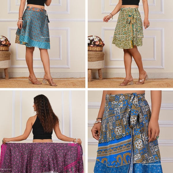 Wholesale Lot Indian vintage Mini  silk wrap skirt women beach skirt boho magic double layer skirts for Indian Wrap Handmade Silk skirt