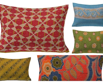 Set of 5 Pc Pillow Cover, Kantha Pillow Cover, Indian Bohemian Kantha Cushion Cover, Handmade Antique Kantha Throw Pillow 16X24 Inches