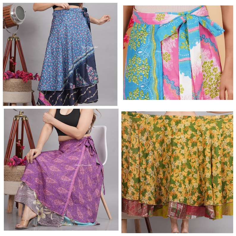 5 Pc Lots 48 Inches waist and 36 inches long silk skirts Indian Vintage Silk Wrap Skirts Wholesale Lot Assorted Colors image 6