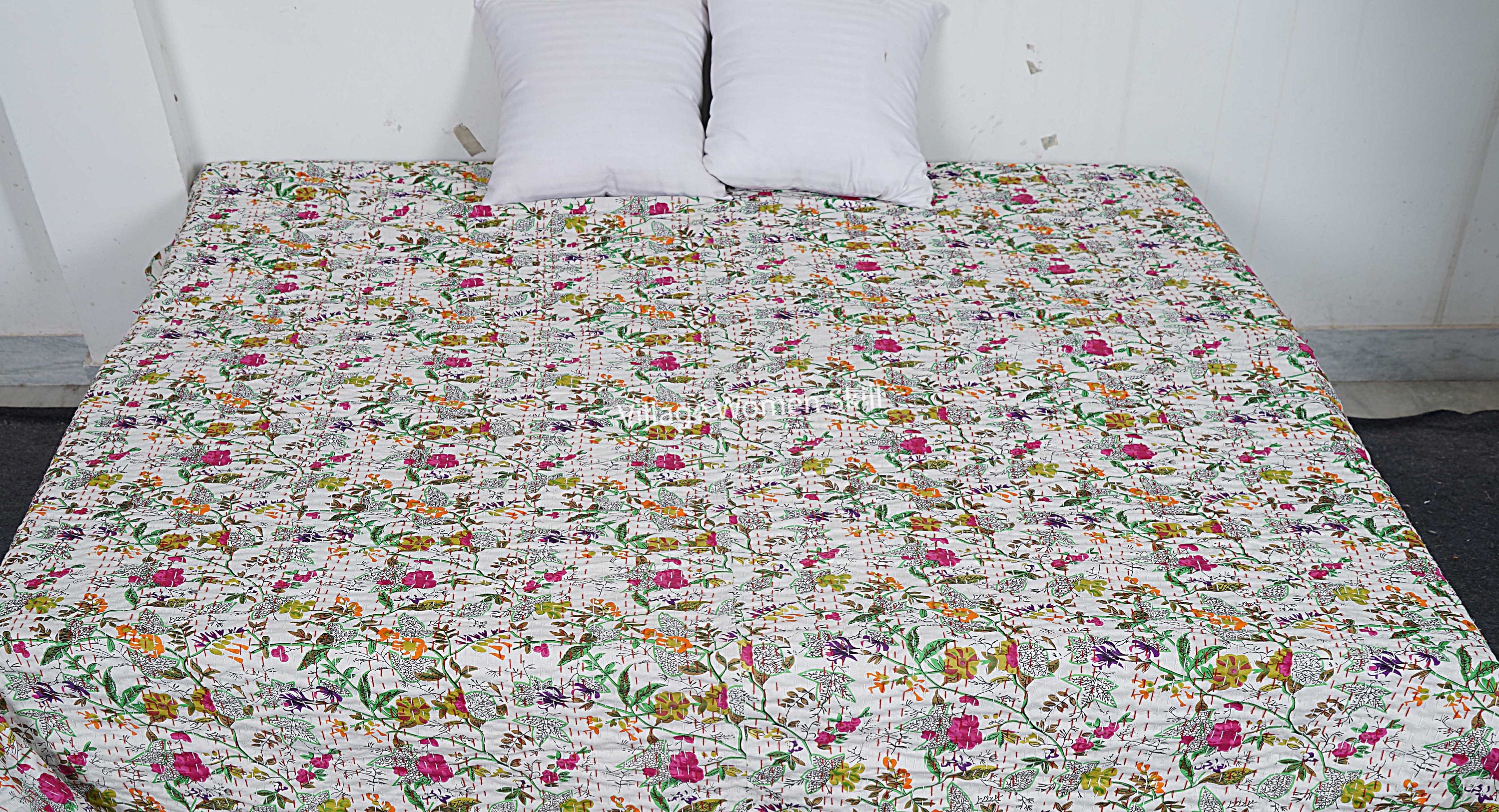 Coperta Reversibile In Cotone Indiano Con Stampa Floreale Kantha