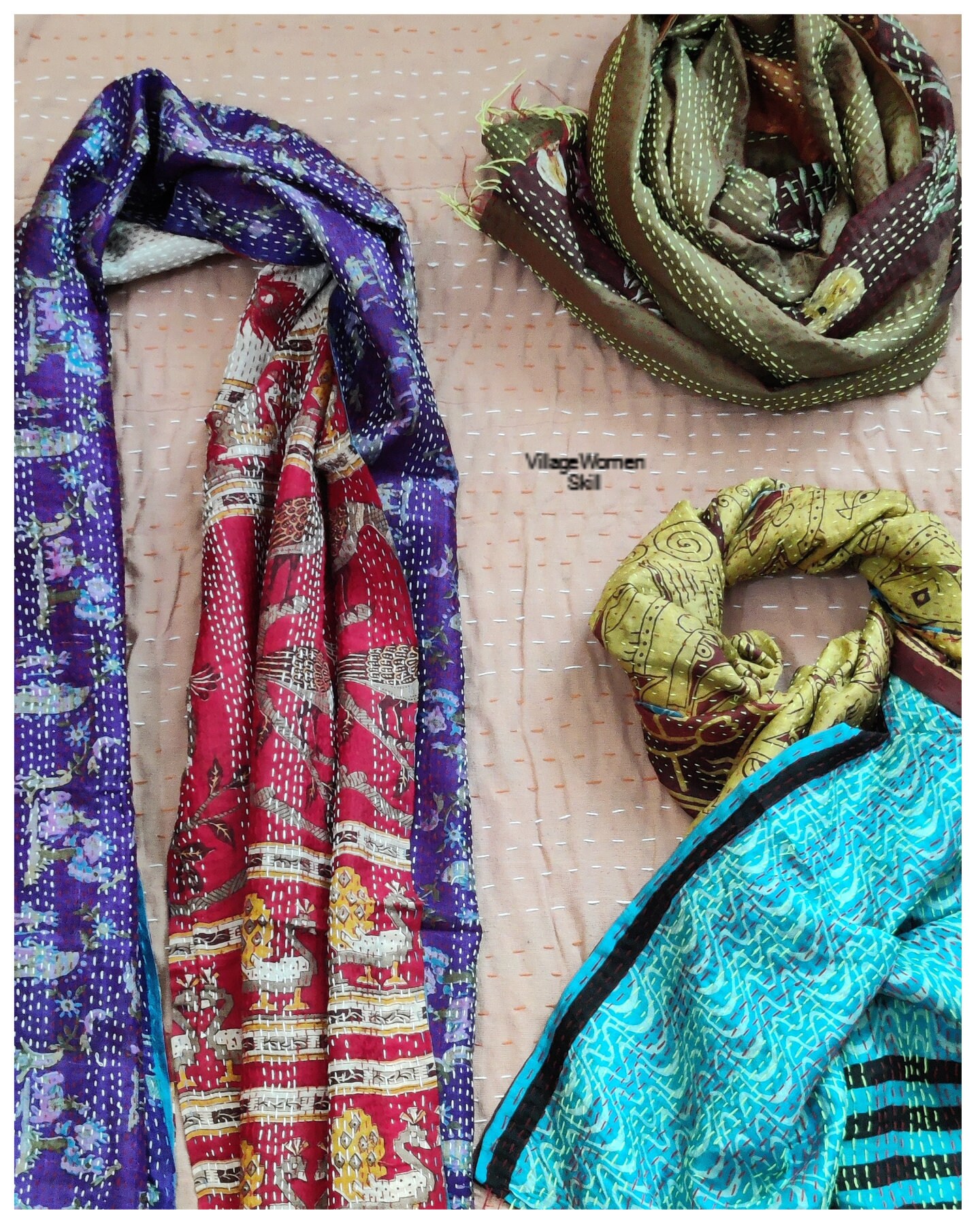 Sciarpa Donna In Cotone Indiano Kantha – Reversibile E Trapuntata A Mano