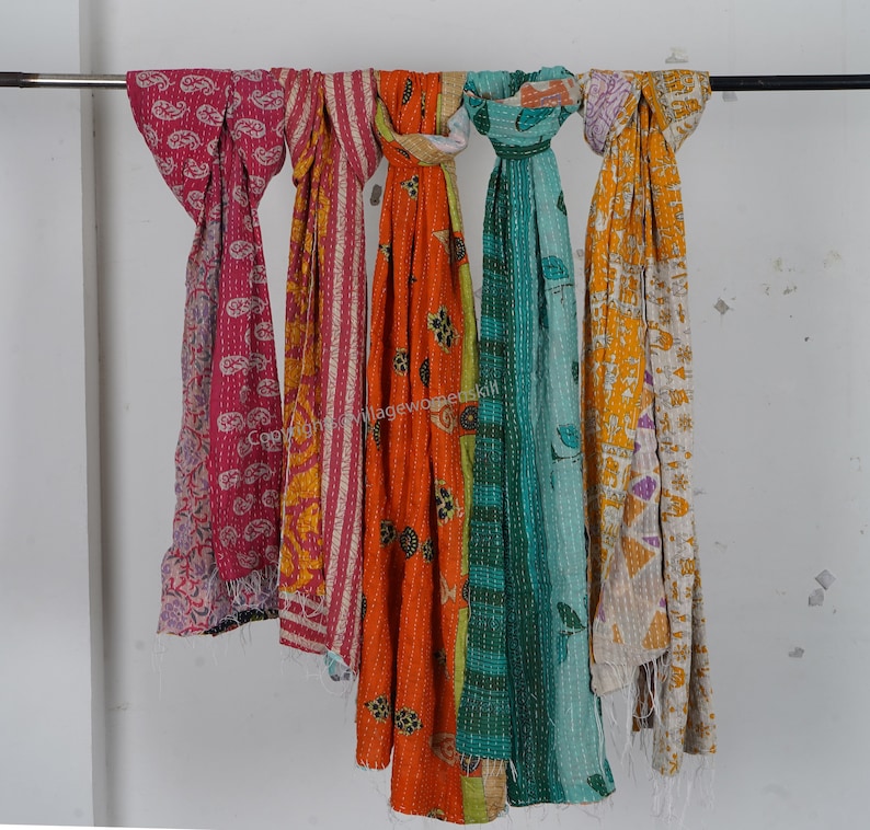 5 Pc Vintage Cotton Indian Kantha Scarf Scarves Stole Bohemian Hippie Handmade Bohemian Scarves Patchwork Scarf Reversible Neck Wrap Stole image 5