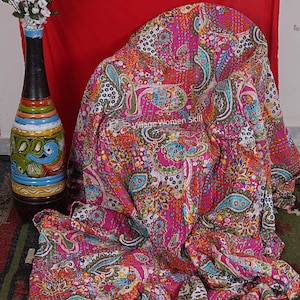 Indian Paisley Cotton Kantha Quilt Handmade Throw Reversible Blanket Bohemian chic bedding coverlets