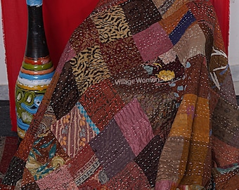 Silk Patola Quilt Pure Vintage Silk Kantha Blanket Decor Indian Handmade Silk Kantha Quilt Bohemian Throw Silk Sari Kantha Quilts