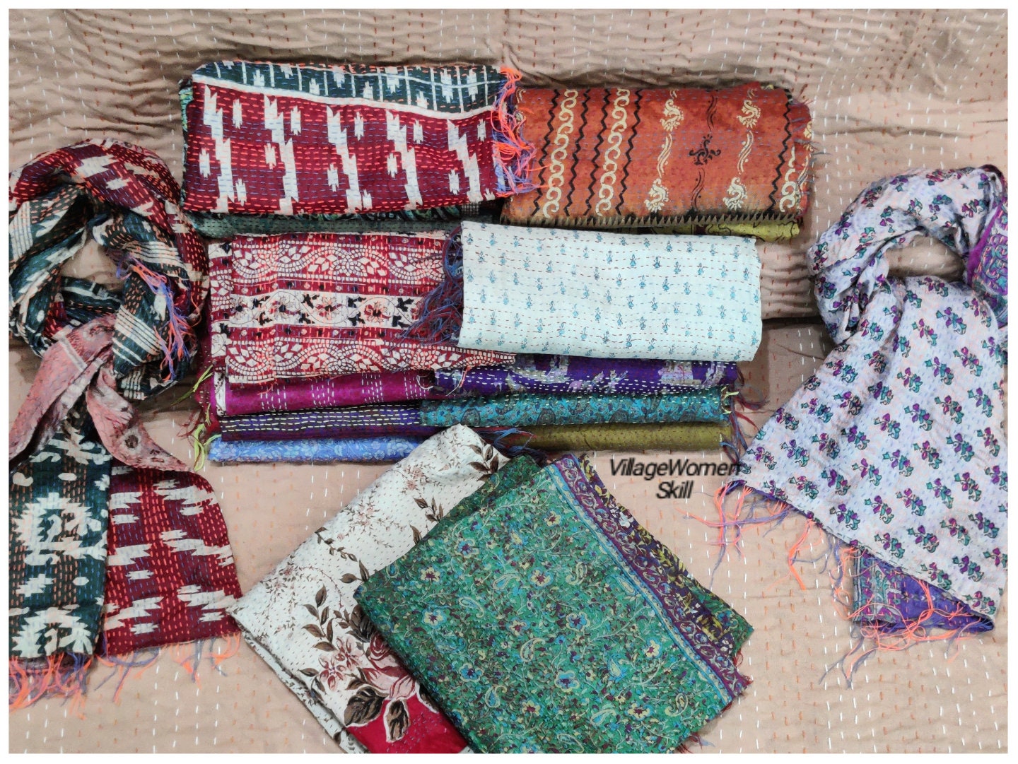 No３ カンタ 　大判 ストール　ヴィンテージ シルク　サークルデザイン 楽天市場】カンタ刺繍 シルクストール インド 古布 Kantha