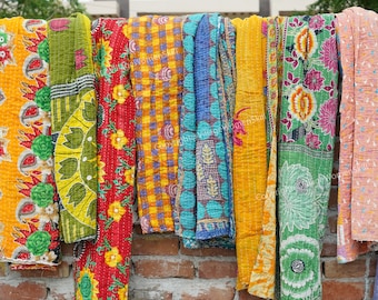 Handmade Vintage Kantha Quilt: Indian Cotton Bed Cover, Assorted Colors