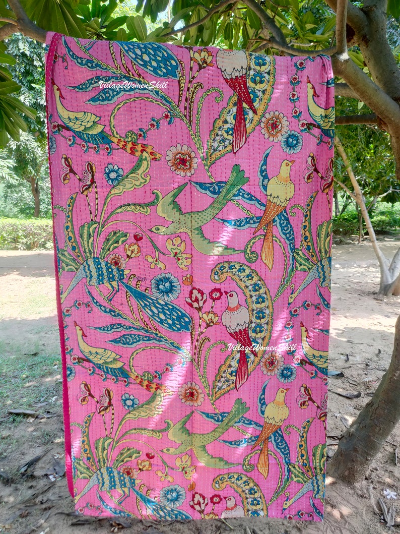 Handmade Peacock Print Kantha Quilt Indian Kantha Bedspread Kantha Bedcover Throw Cotton Blanket Kantha Boho Kantha Quilt Pink