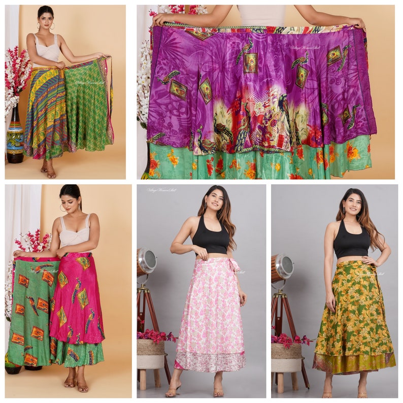 5 Pc Lots 48 Inches waist and 36 inches long silk skirts Indian Vintage Silk Wrap Skirts Wholesale Lot Assorted Colors image 9