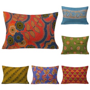 Set of 5 Pillow, Vintage Kantha Pillow Covers, Indian Bohemian Kantha Cushion Cover, 16 x 24 Handmade Antique Kantha Throw Pillow