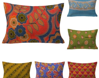 Set of 5 Pillow, Vintage Kantha Pillow Covers, Indian Bohemian Kantha Cushion Cover, 16 x 24 Handmade Antique Kantha Throw Pillow