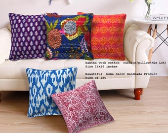Hand Stitched Vintage Kantha Cushion Cover | Indian Boho Pillow (16X16 Inches)