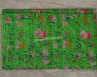 Handmade Kantha Quilt: Indian Bohemian Bedspread, Throw Blanket
