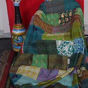 Boho Patchwork Quilt Kantha Quilt Handgefertigte Vintage Quilts Boho King Size Bettwäsche Überwurf Decke Tagesdecke Quilting Hippie Quilts zum Verkauf Grün