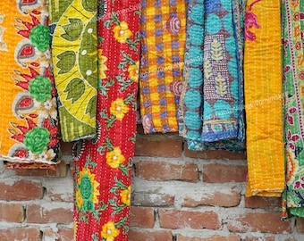Vintage Kantha Quilt: Handmade Indian Cotton Bedcover