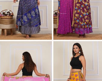 Sari silk wrap skirt Reversible layer Indian vintage Handmade silk wrap skirt women beach Long magic double layer skirts for Indian skirt