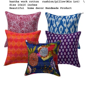 May include: Five colorful kantha stitch cotton cushion covers with various floral and geometric patterns. The covers are 16 inches by 16 inches.