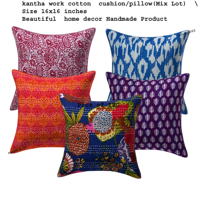 May include: Five colorful kantha stitch cotton cushion covers with various floral and geometric patterns. The covers are 16 inches by 16 inches.