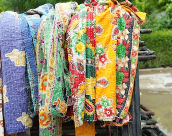 Assorted Indian Kantha Quilt Lot, Vintage Cotton Throw, Handmade Patches