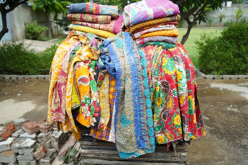 5 PC Hand stitched Quilts Throw and Bed cover kantha quilt Bohemian home decor indian vintage kantha quilt image 4