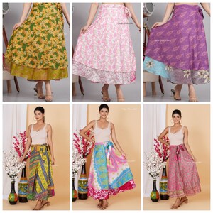 5 Pc Lots 48 Inches waist and 36 inches long silk skirts Indian Vintage Silk Wrap Skirts Wholesale Lot Assorted Colors image 5