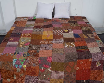 Vintage Silk Sari Patchwork Kantha Quilt Handmade Silk Kantha Blanket Queen Size Kantha Bedspread Bedding Kantha Throw